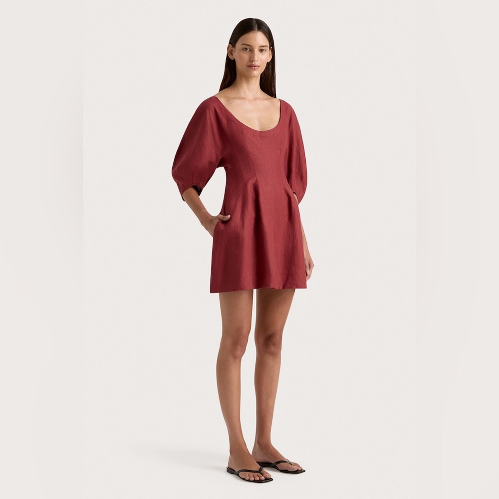 Faithfull the Brand Small Raynara Linen Mini Dress Wine Red - Picture 3 of 12